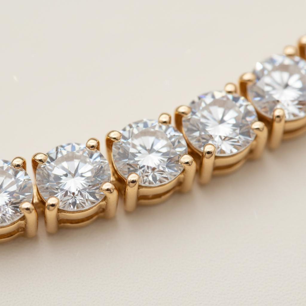 Close-up of individually set diamonds in a tennis necklace
