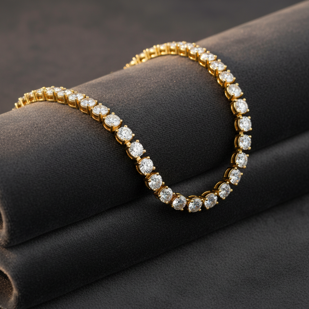 Diamond tennis necklace draped on dark velvet